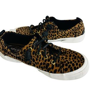 Sperry Women’s Leopard-Print Canvas Sneakers Sz 6.5 Tan & Black Like New
